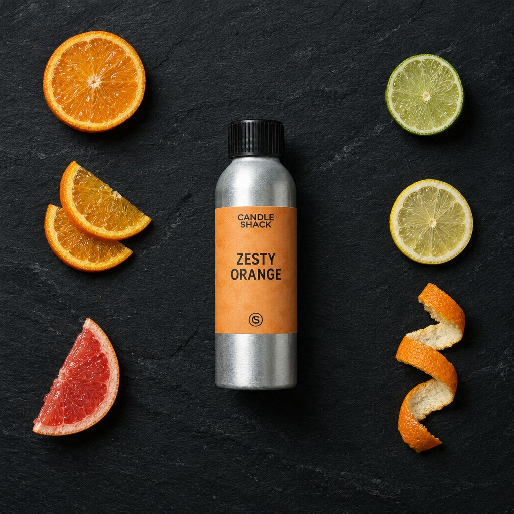 Zesty Orange fragrance oil - Candle Shack aluminium bottle with dried botanicals on a dark slate background