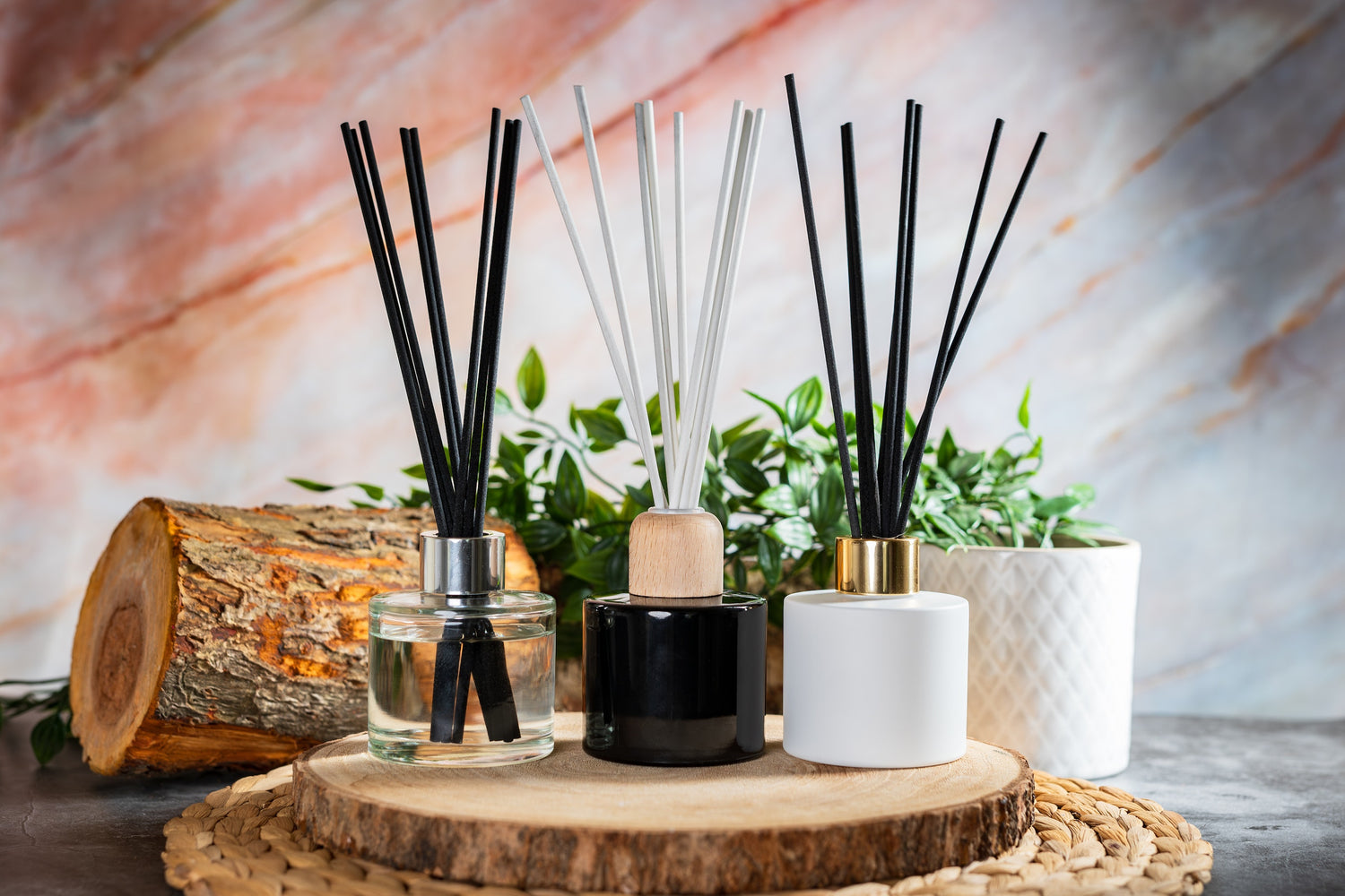 DIY diffusers arranged on a piece of wood